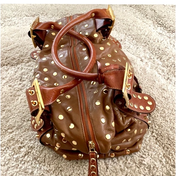 Be&D Lambskin Handbag Purse Soft Brown Satchel w/Gold Studs Excellent Condition - Picture 6 of 10